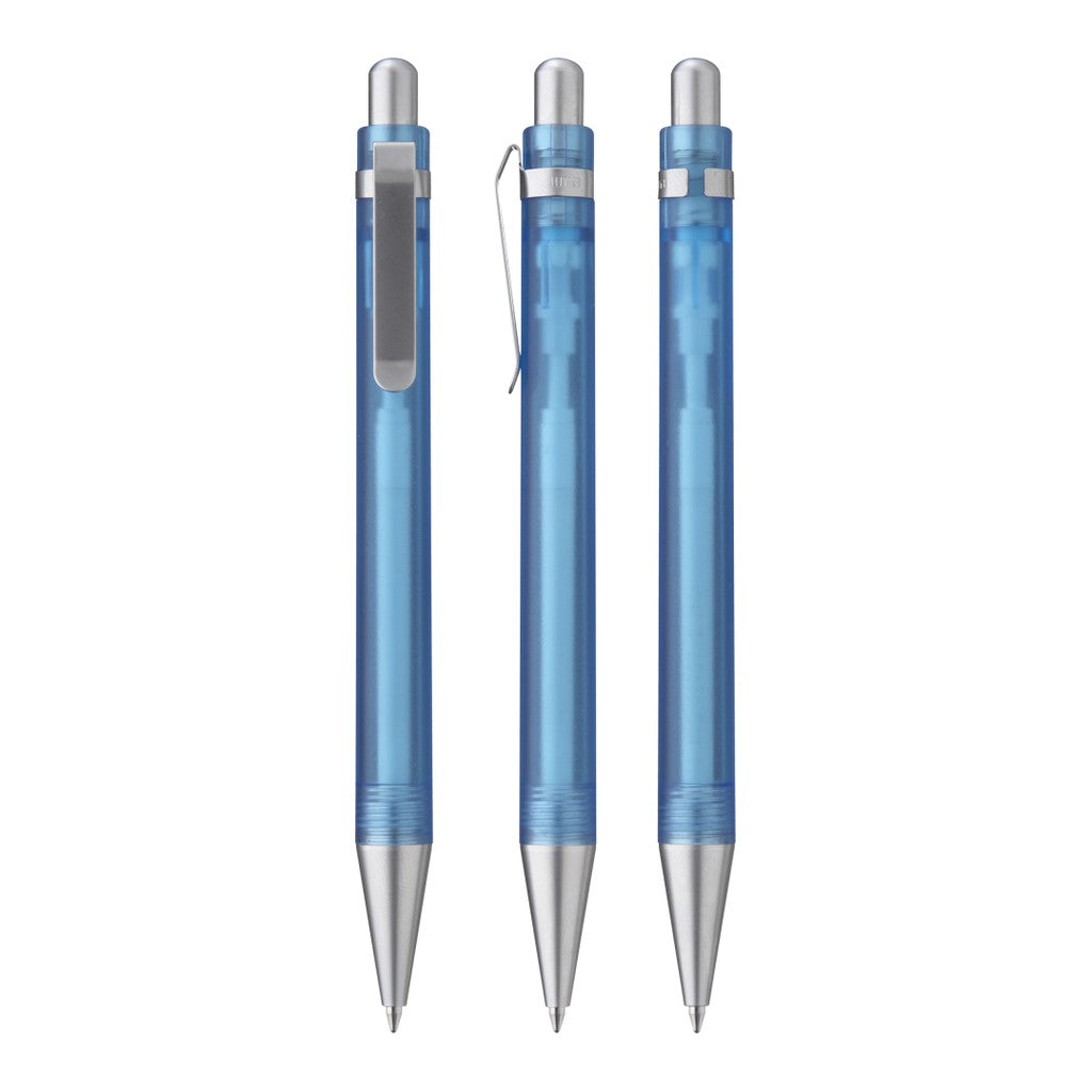 Druckkugelschreiber transparent frozen mit Metallspitze – Hellblau