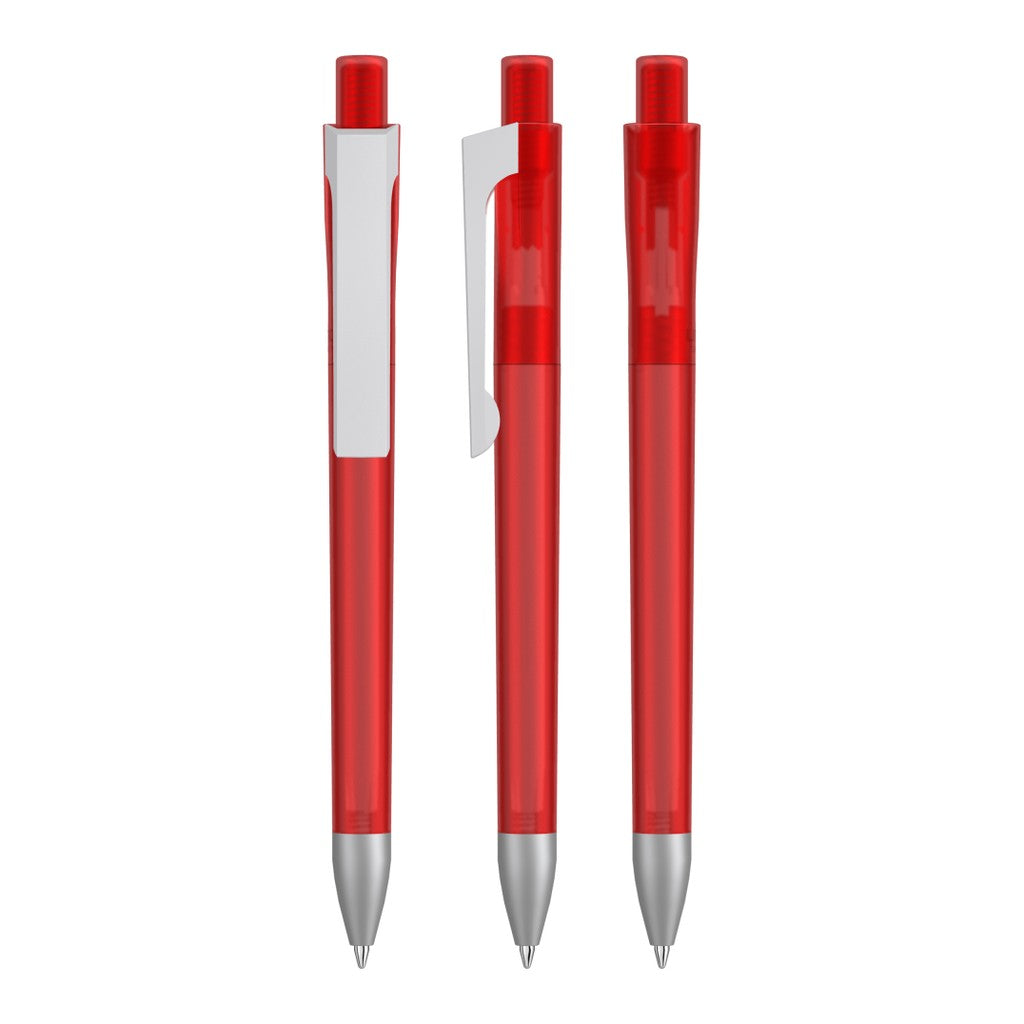 Druckkugelschreiber transparent frozen, weißer Clip – Rot