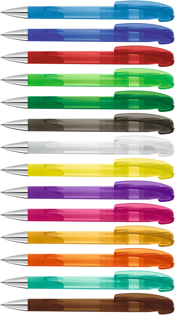 Druckkugelschreiber transparent glänzend mit Gummigriff – alle Farben