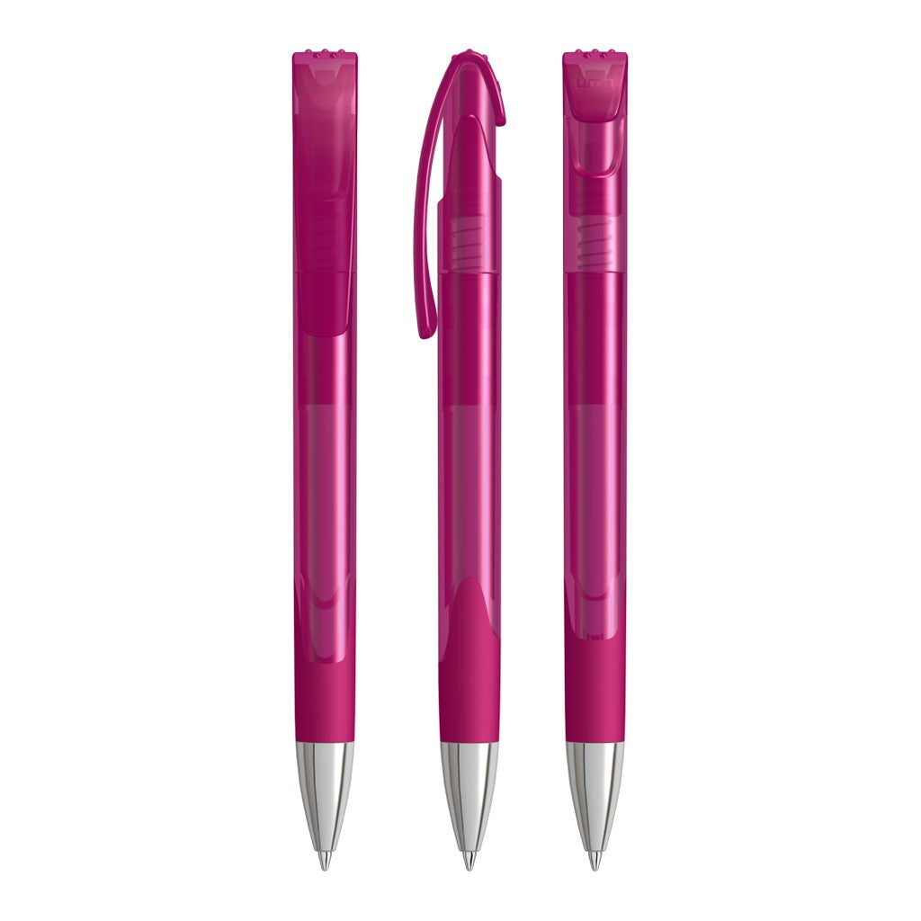 Druckkugelschreiber transparent glänzend mit Gummigriff – Magenta