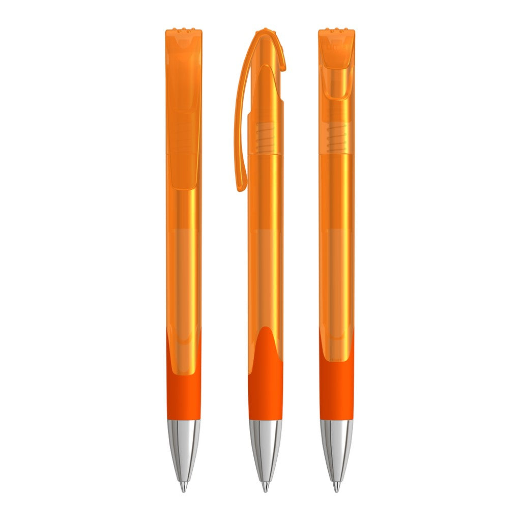 Druckkugelschreiber transparent glänzend mit Gummigriff – Orange