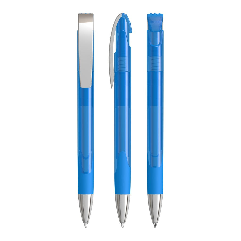 Druckkugelschreiber transparent glänzend mit Metallclip – Hellblau