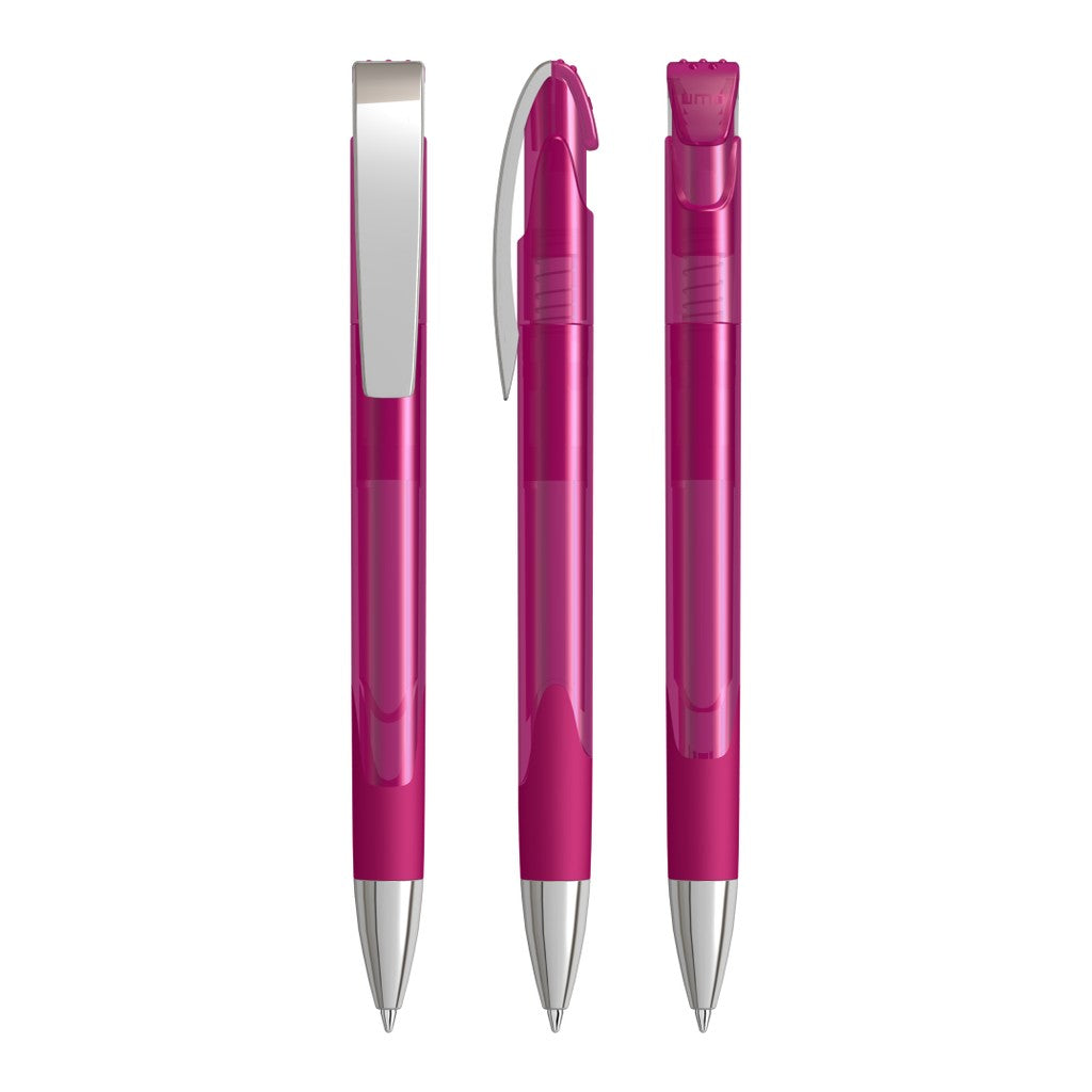 Druckkugelschreiber transparent glänzend mit Metallclip – Magenta