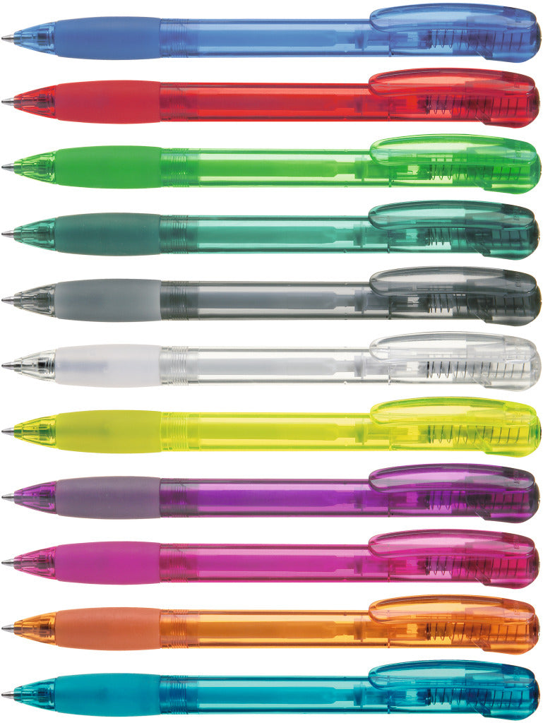 Druckkugelschreiber transparent mit farbiger Griffzone – alle Farben
