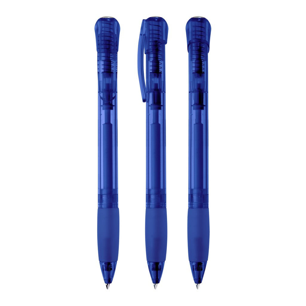 Druckkugelschreiber transparent mit farbiger Griffzone – Blau