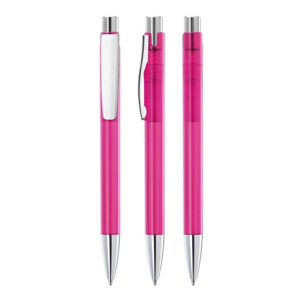 Druckkugelschreiber transparent mit Metallclip – Magenta