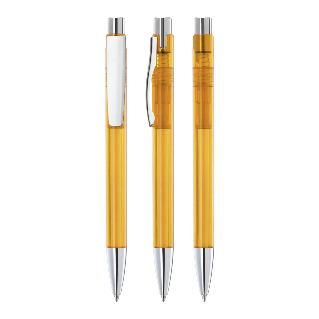 Druckkugelschreiber transparent mit Metallclip – Ocker