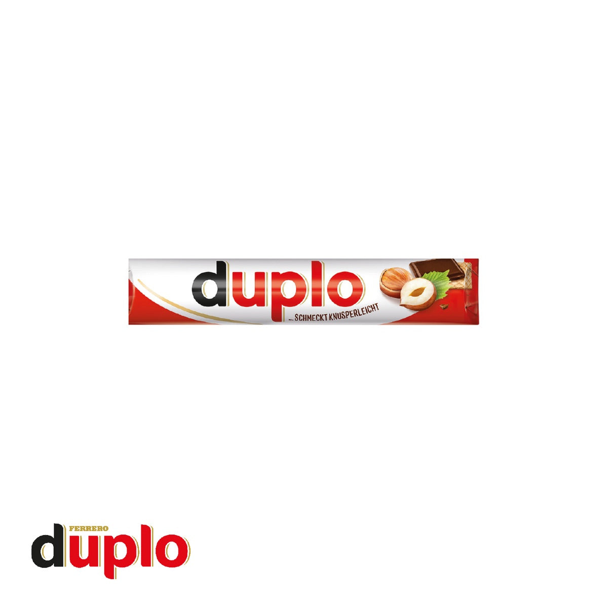 Geöffnete Kartonage mit einem duplo Riegel als Füllung