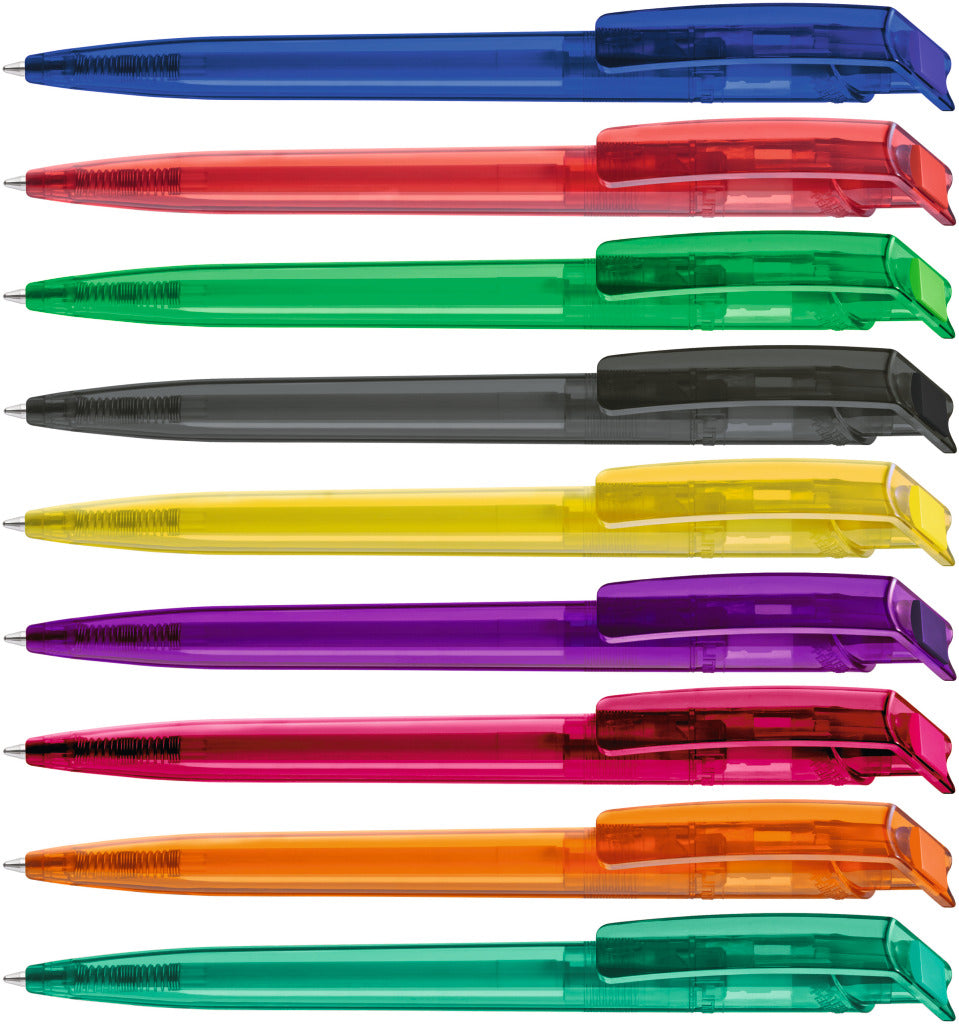 Durchgefärbter transparenter Druckkugelschreiber mit Clip – alle Farben