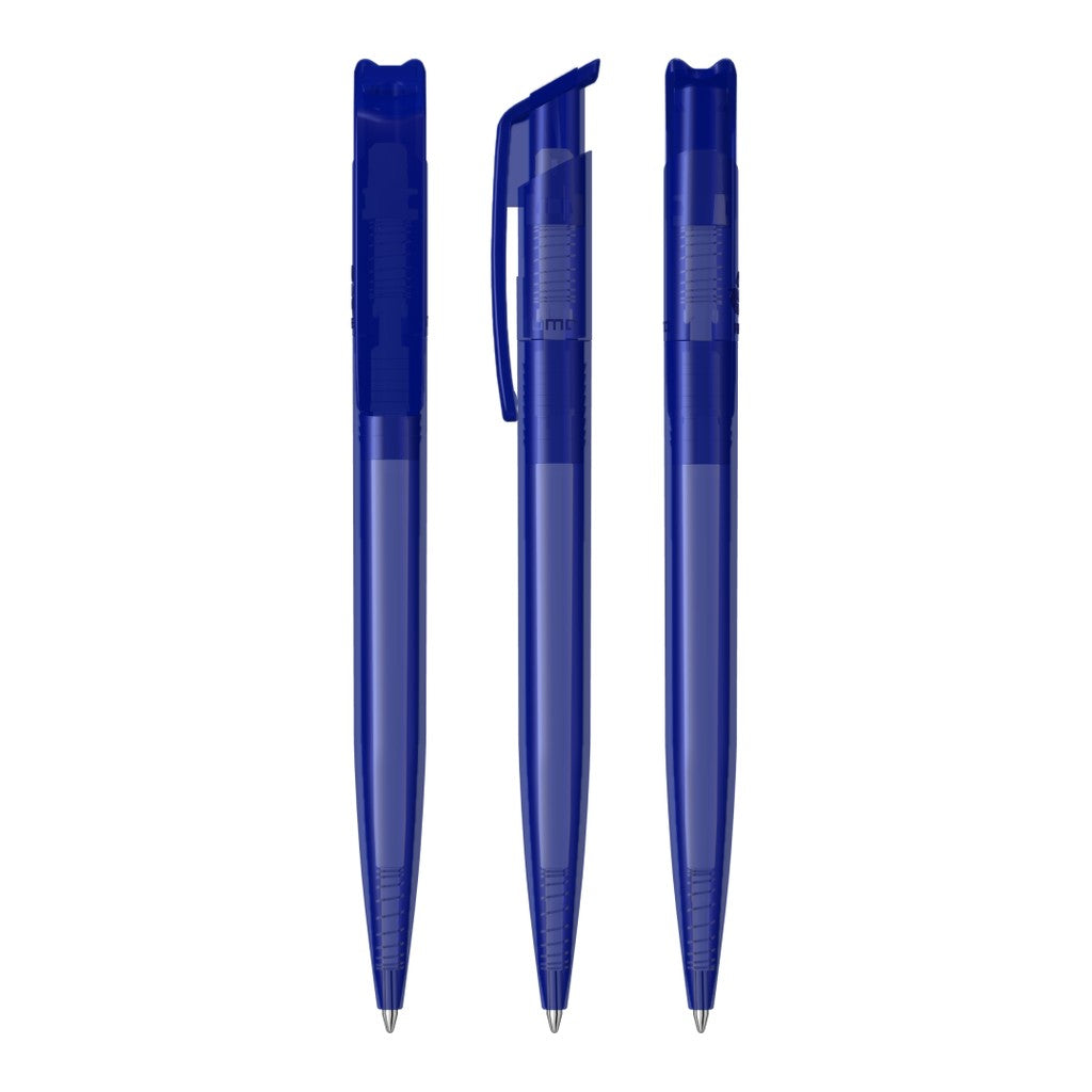 Durchgefärbter transparenter Druckkugelschreiber mit Clip – Blau
