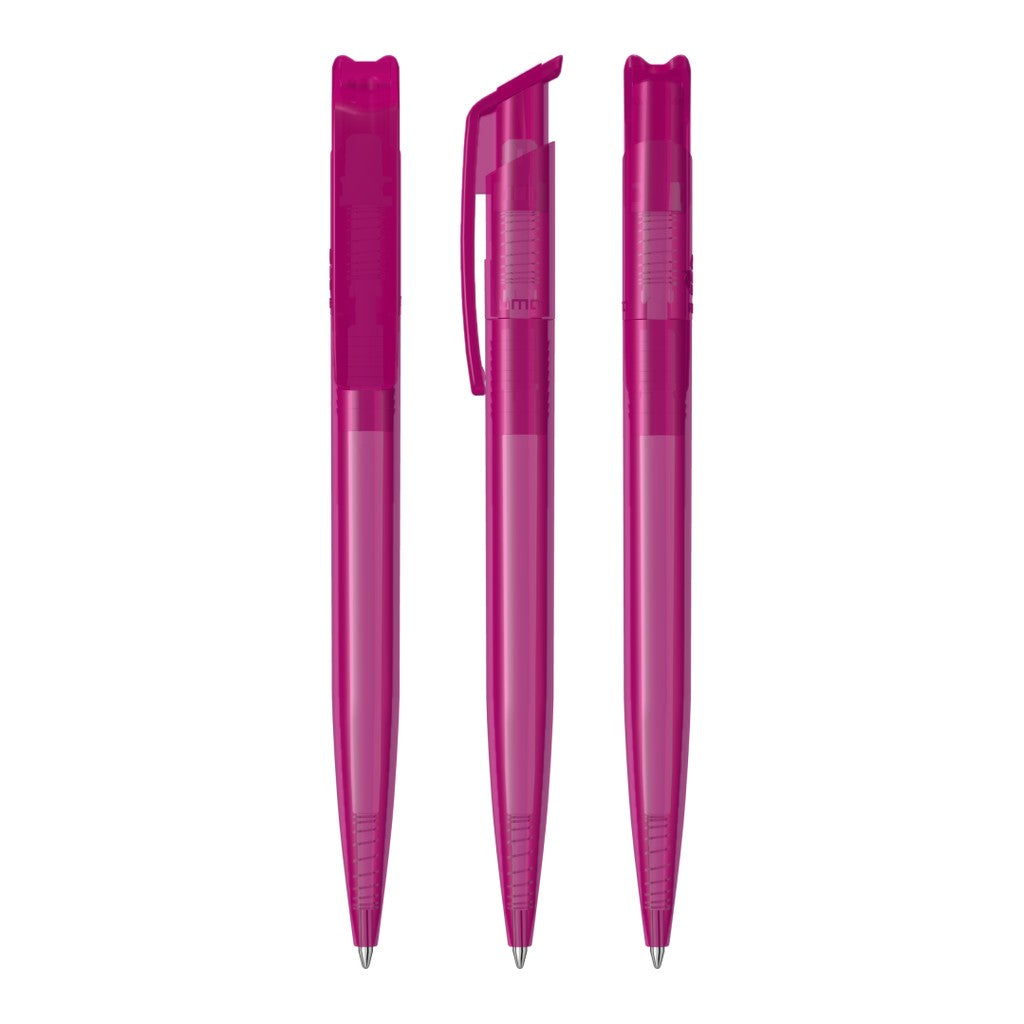 Durchgefärbter transparenter Druckkugelschreiber mit Clip – Magenta