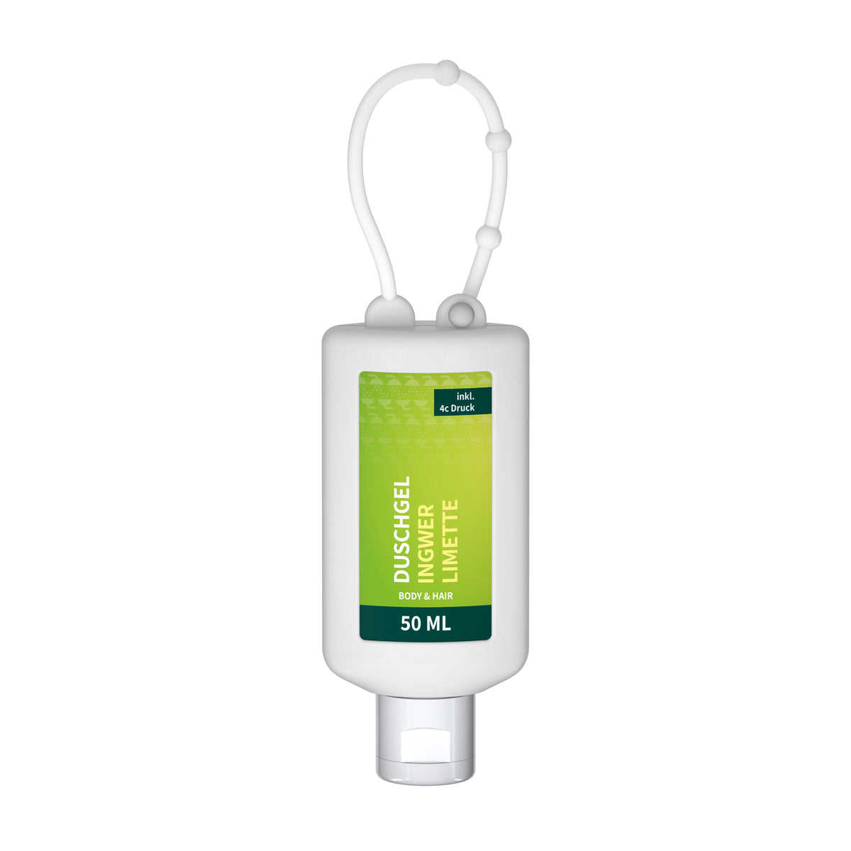 Duschgel Ingwer Limette 50 ml Flasche mit Silikonschlaufe – Weiß