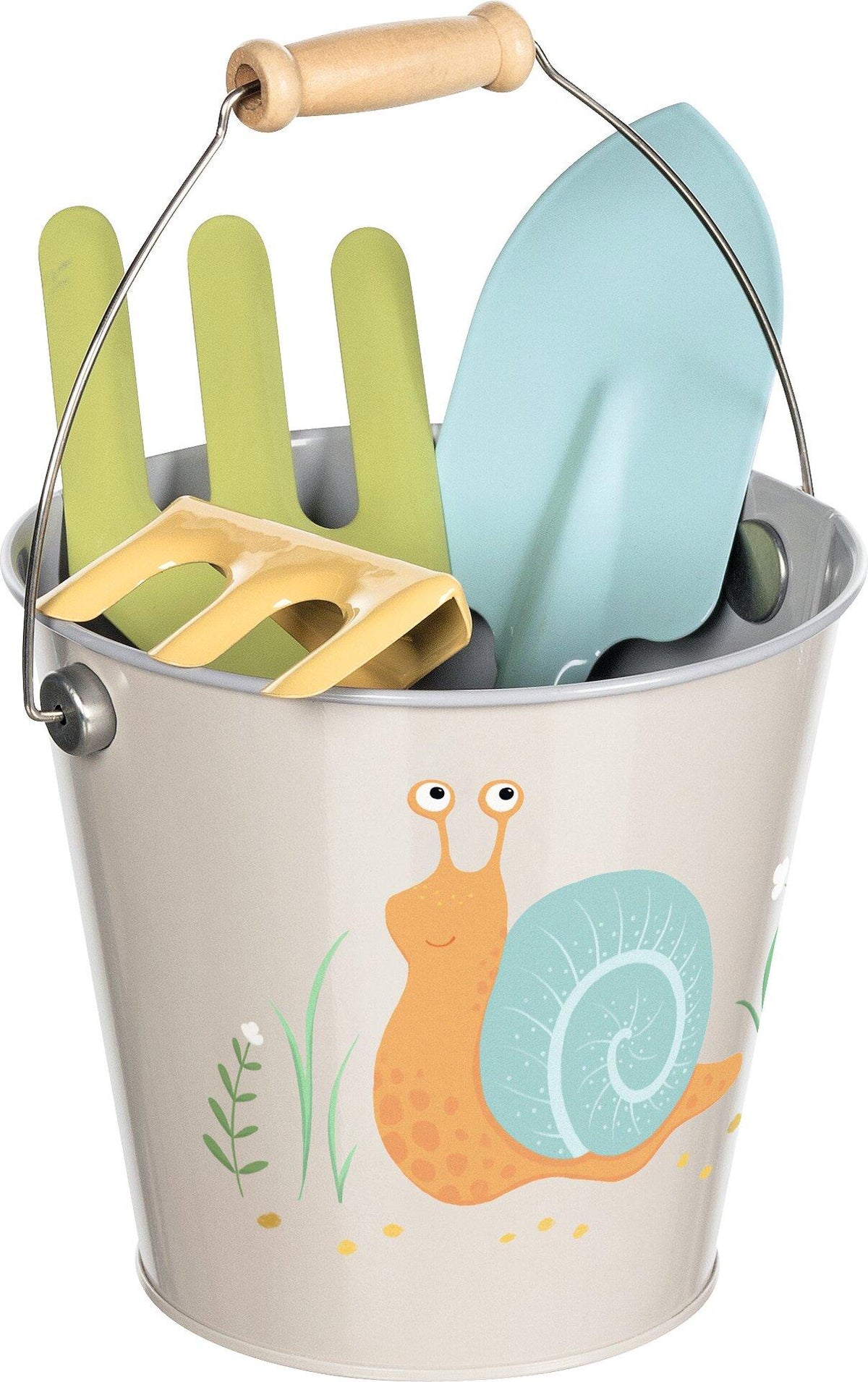 Eimer mit Schneckenmotiv und drei Gartenwerkzeugen – Seitenansicht