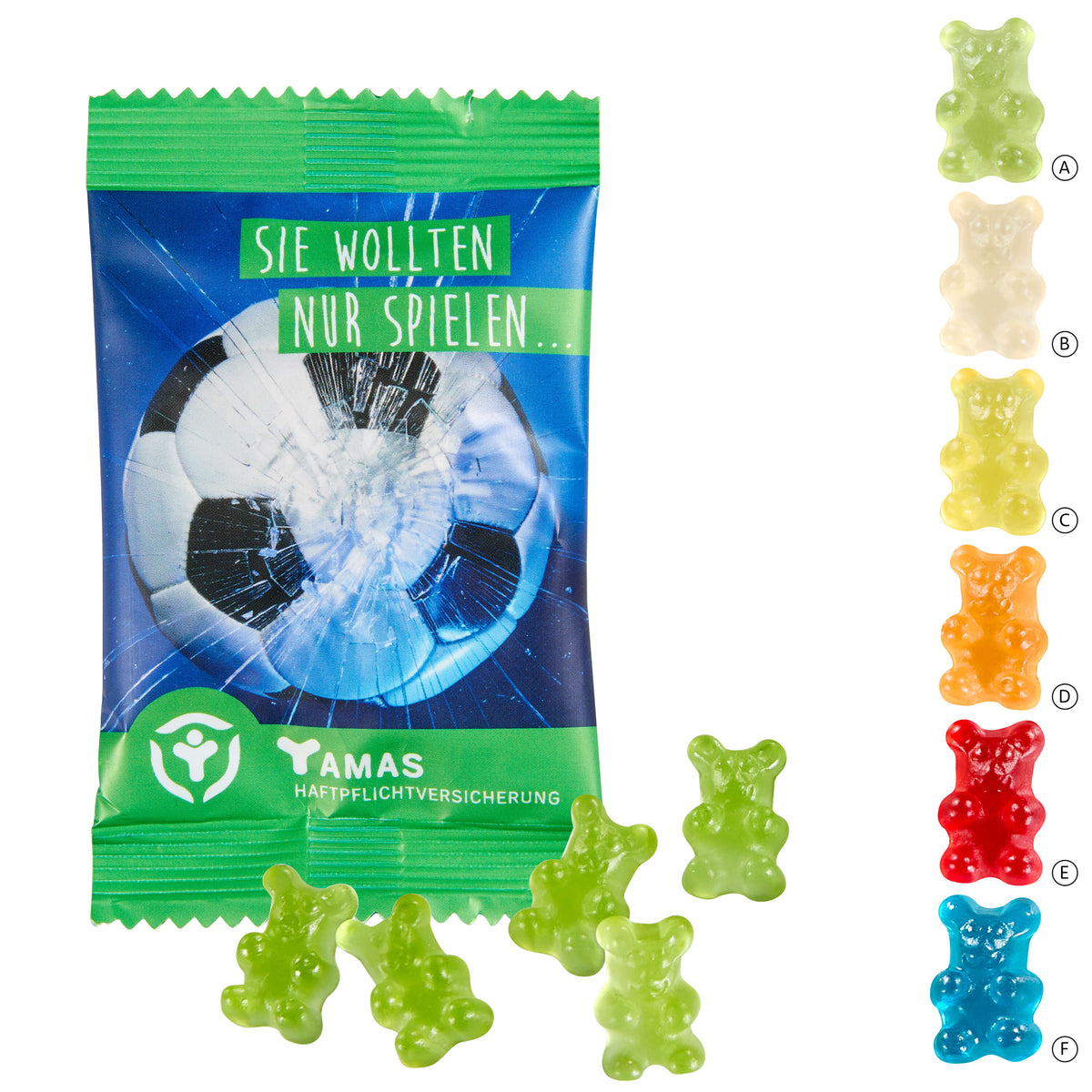 Hohes Werbetütchen 100 x 60 mm mit einfarbigen Fruchtgummi Bärchen und Logo