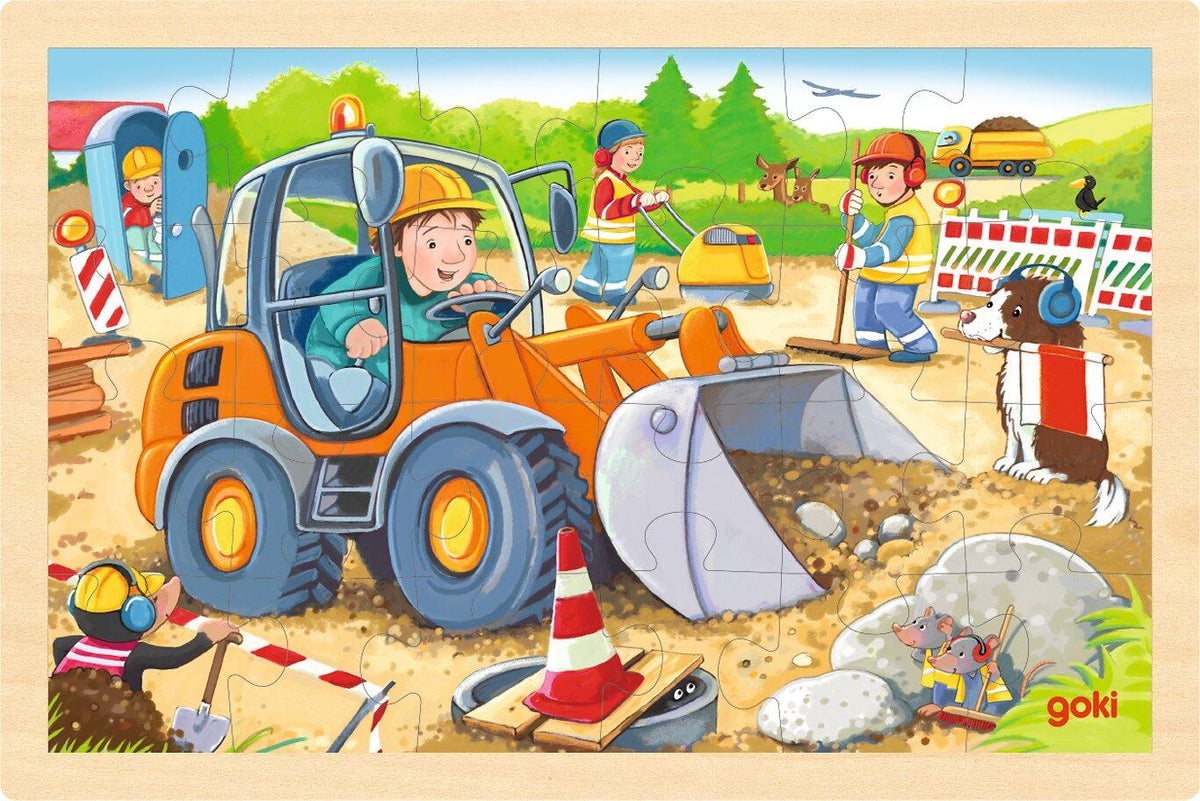 Einlegepuzzle Baustelle mit Radlader und Hund von goki – Ansicht
