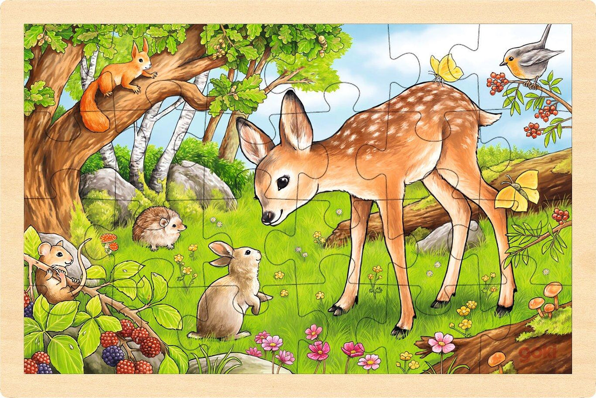 Einlegepuzzle Rehkitz im Wald mit Igel und Hase von goki – Ansicht
