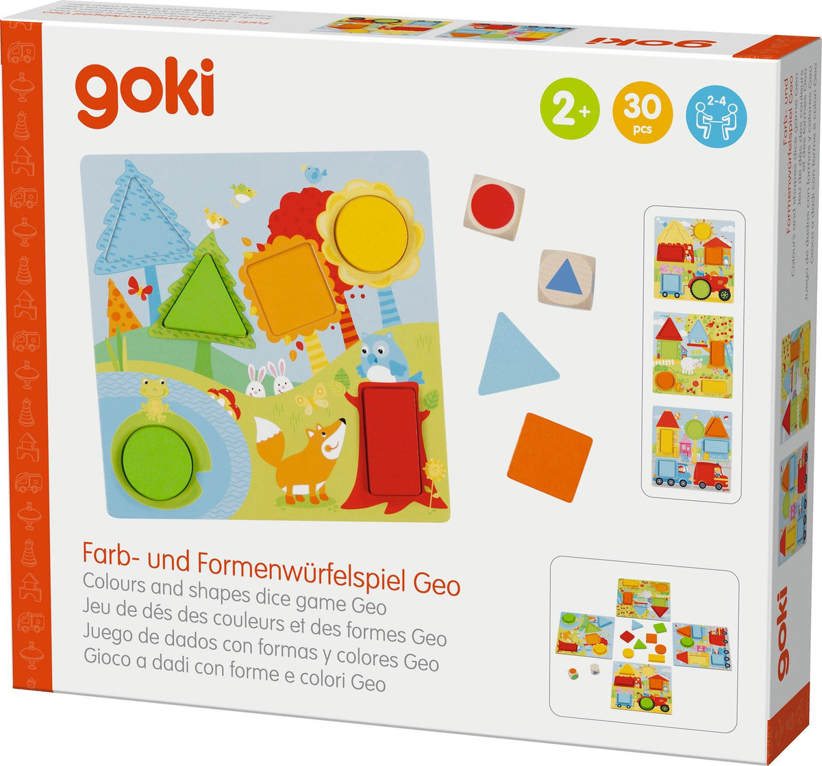 Farbwürfelspiel Geometrische Formen mit Waldmotiv aus Holz – weitere Ansicht