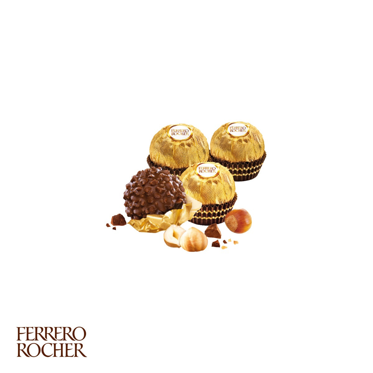 Geöffnete Werbeverpackung mit drei Ferrero Rocher Pralinen in Goldfolie