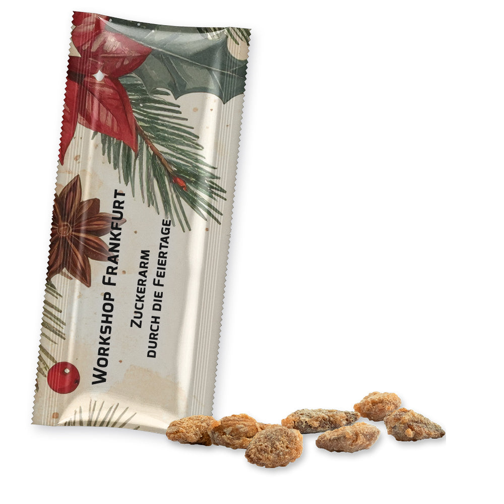 Feuergebrannte Mandeln im Snackbeutel Riegelformat – Feuergebrannte Mandeln ohne Zuckerzusatz, ca. 25 g