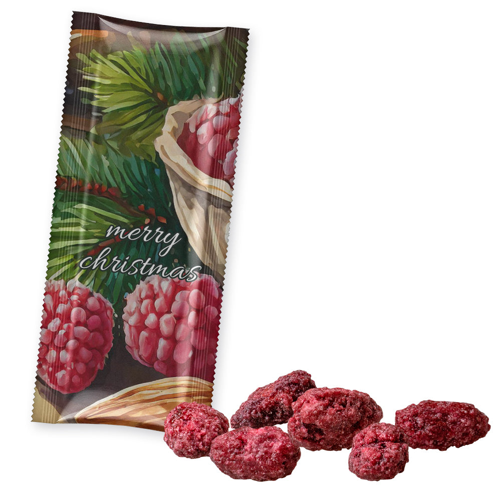 Feuergebrannte Mandeln im Snackbeutel Riegelformat – Gebrannte Mandeln Himbeere, ca. 25 g