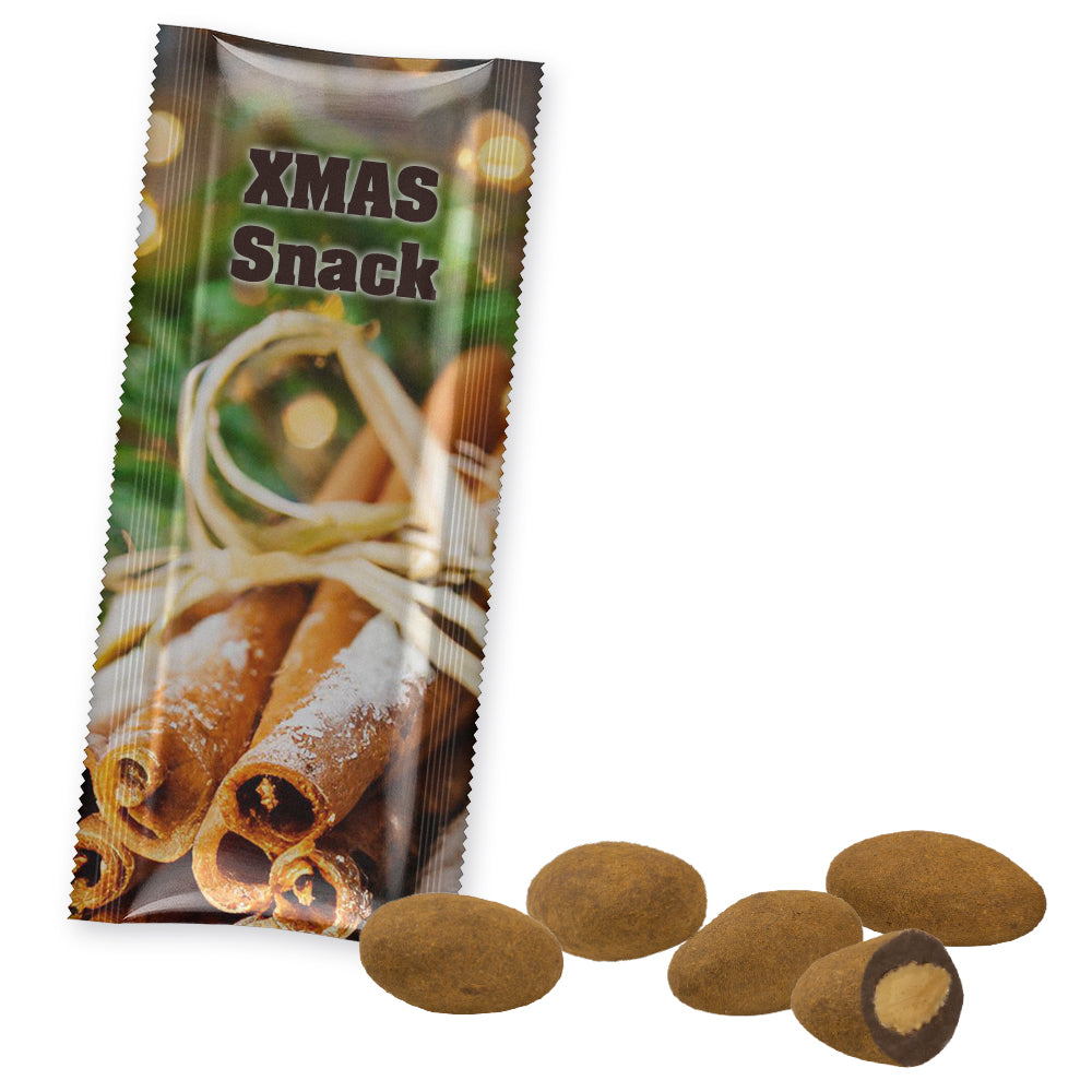 Feuergebrannte Mandeln im Snackbeutel Riegelformat – Schokomandeln mit Zimt, ca. 25 g