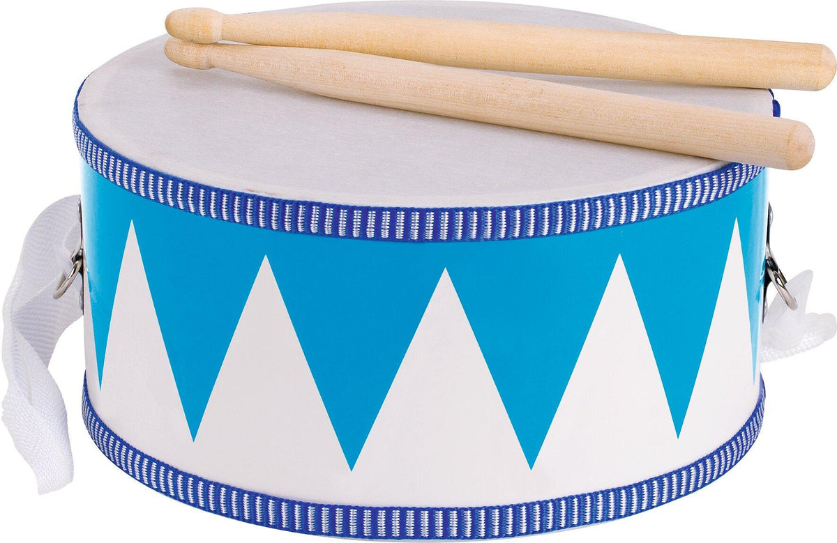 Flache Holztrommel in Blau und Weiß, Ø 20,3 cm