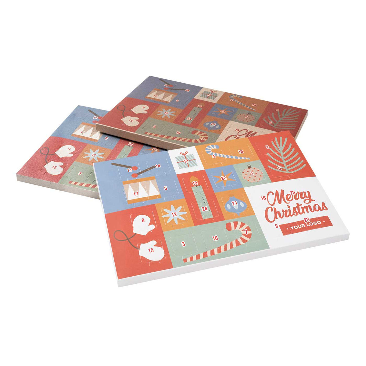 Flacher Adventskalender mit 24 Türchen und Logo
