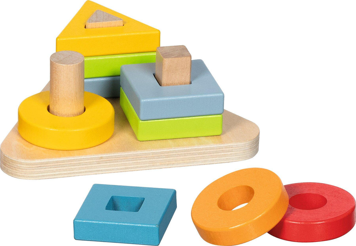 Formensortierspiel mit dreieckiger Holzplatte und Steckformen – weitere Ansicht