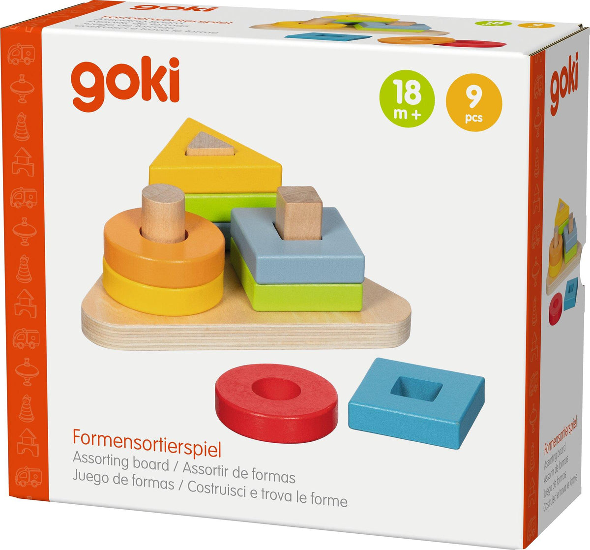 Formensortierspiel mit dreieckiger Holzplatte und Steckformen – Verpackung