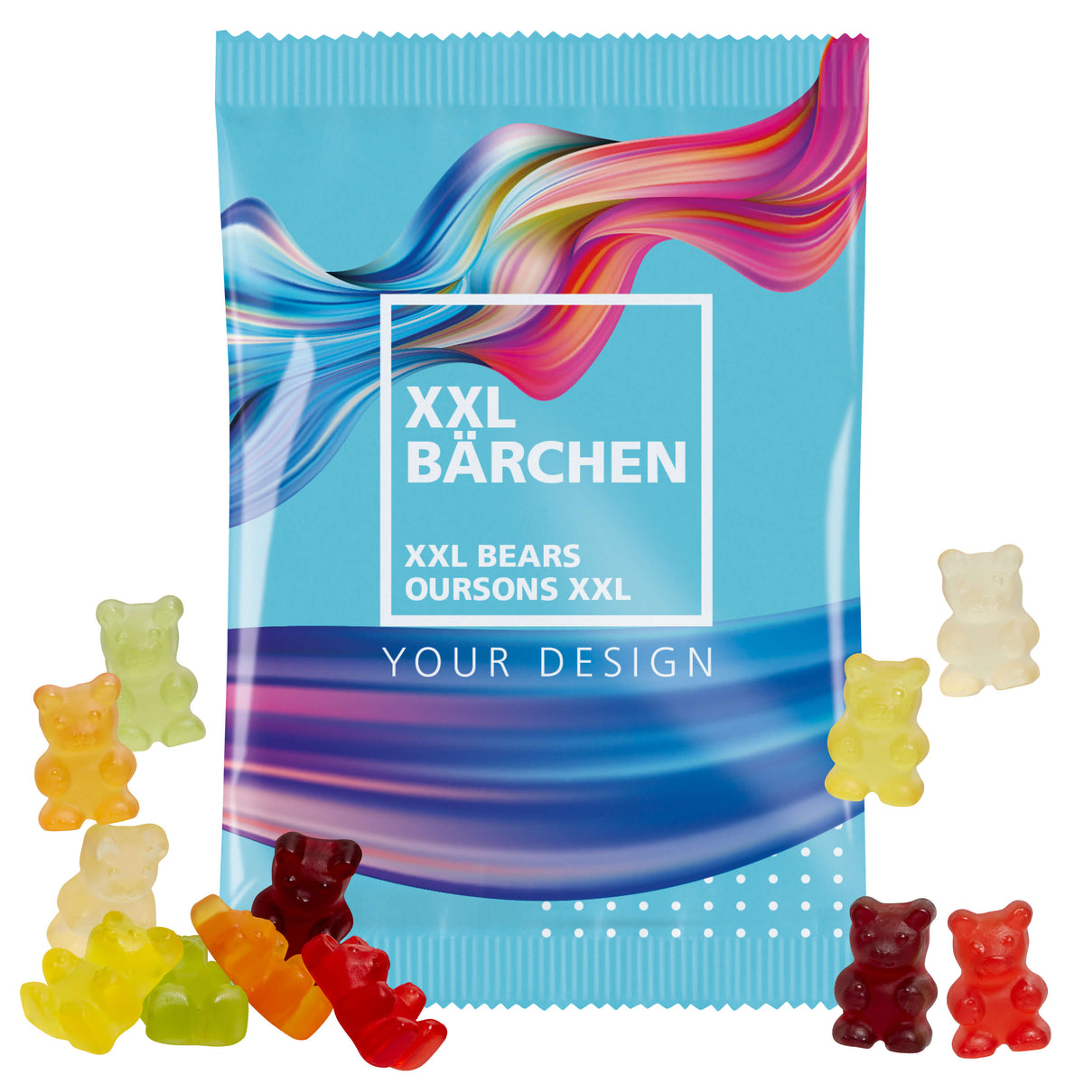 Große Tüte mit 100 g Fruchtgummi und bedruckter Vorderseite 150 x 95 mm