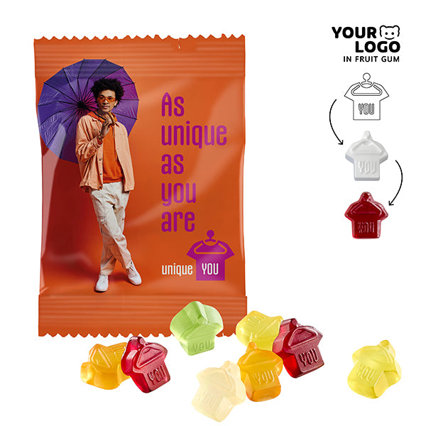 Fruchtgummi in Wunschform im Werbetütchen 85 x 60 mm, 10 g