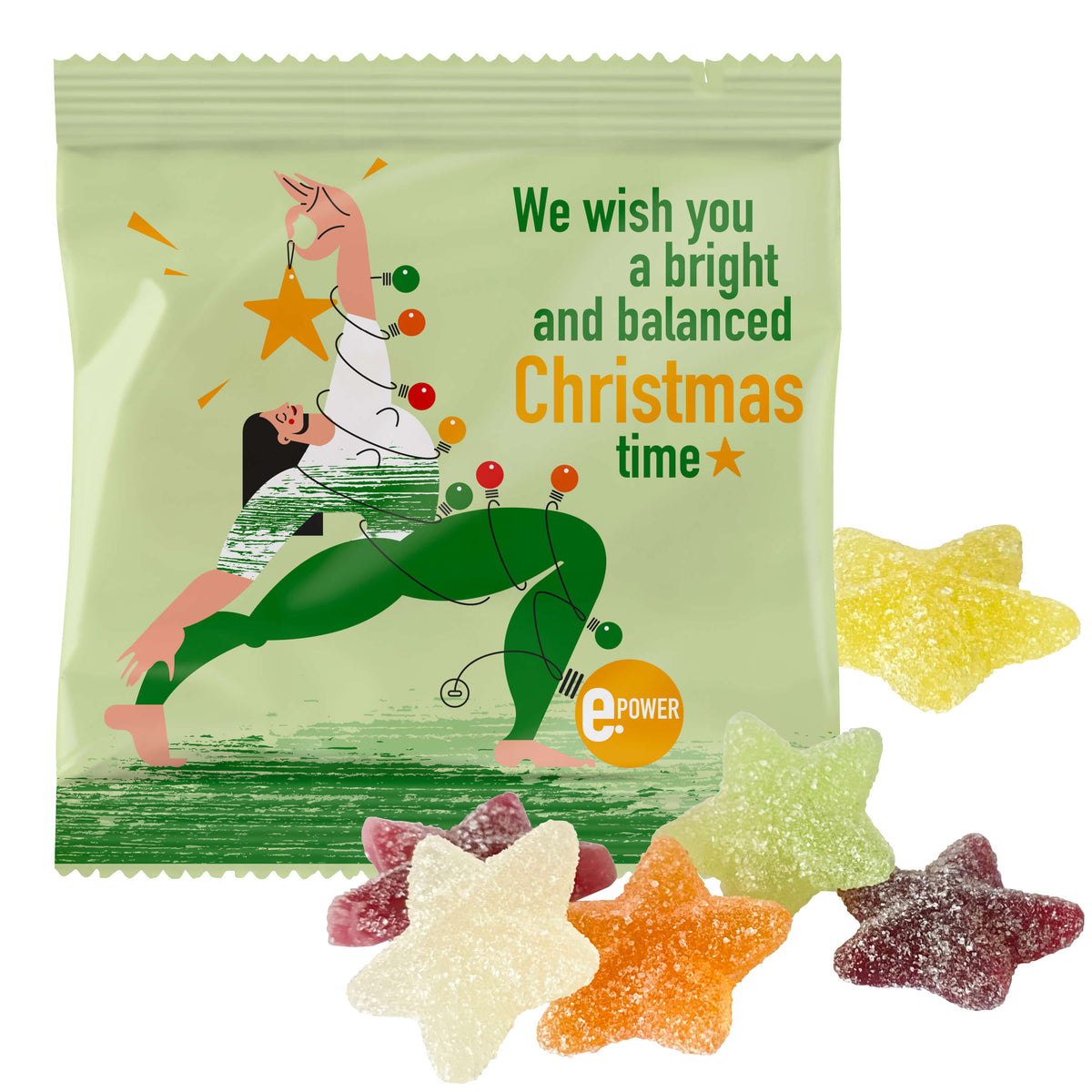 Bunte Fruchtgummi Sterne im bedruckten Werbetütchen, Vorderseite