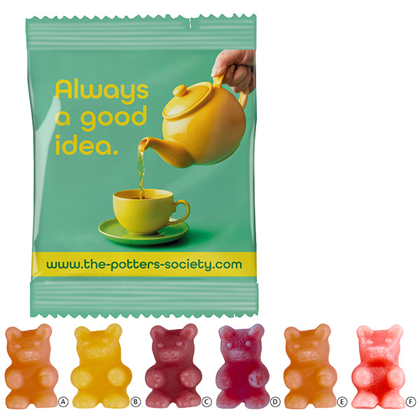 Werbetütchen mit Fruchtgummi zum Aufgießen, bedruckte Vorderseite