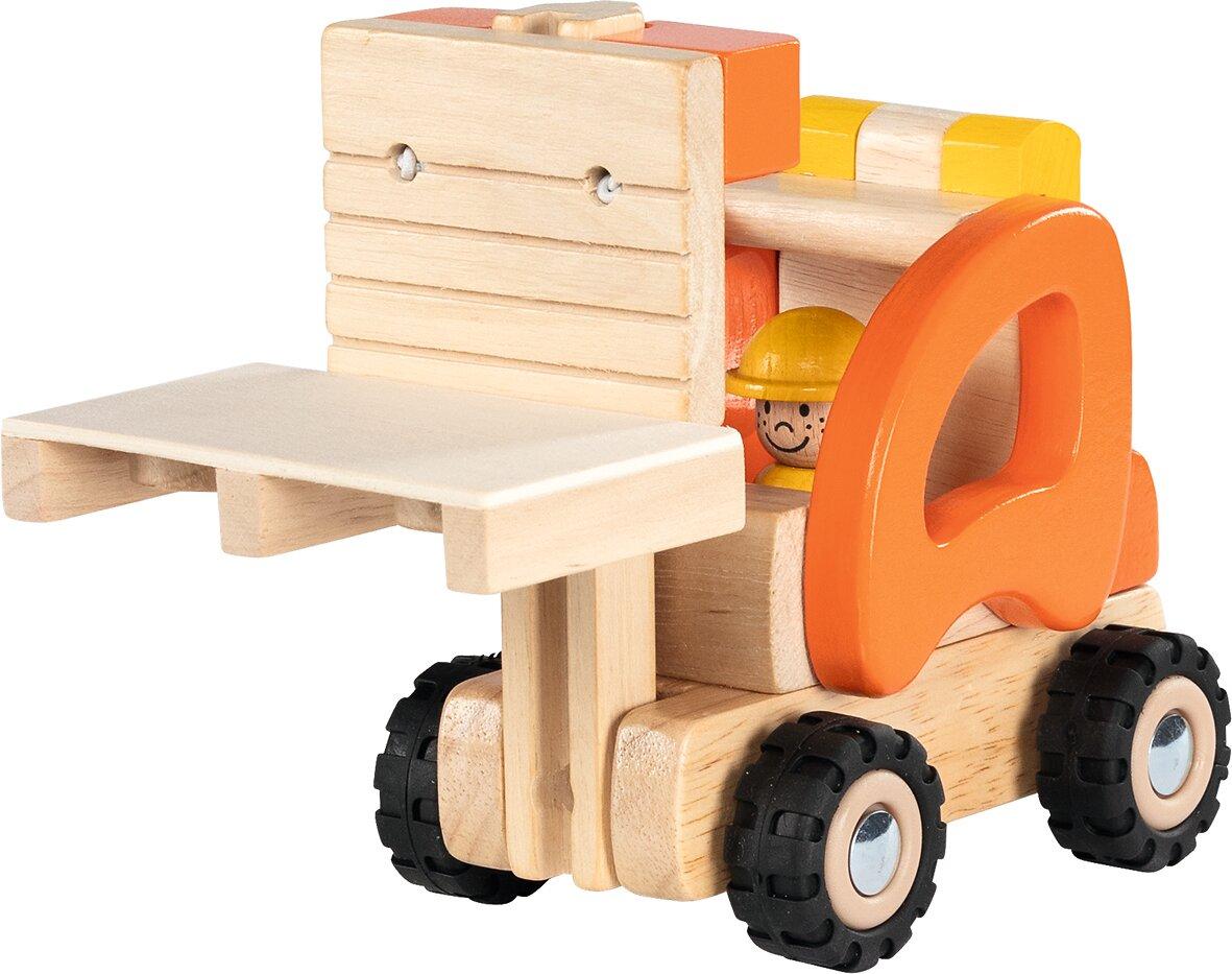 Gabelstapler aus Holz mit Palette, 20 cm lang von goki – Detailansicht