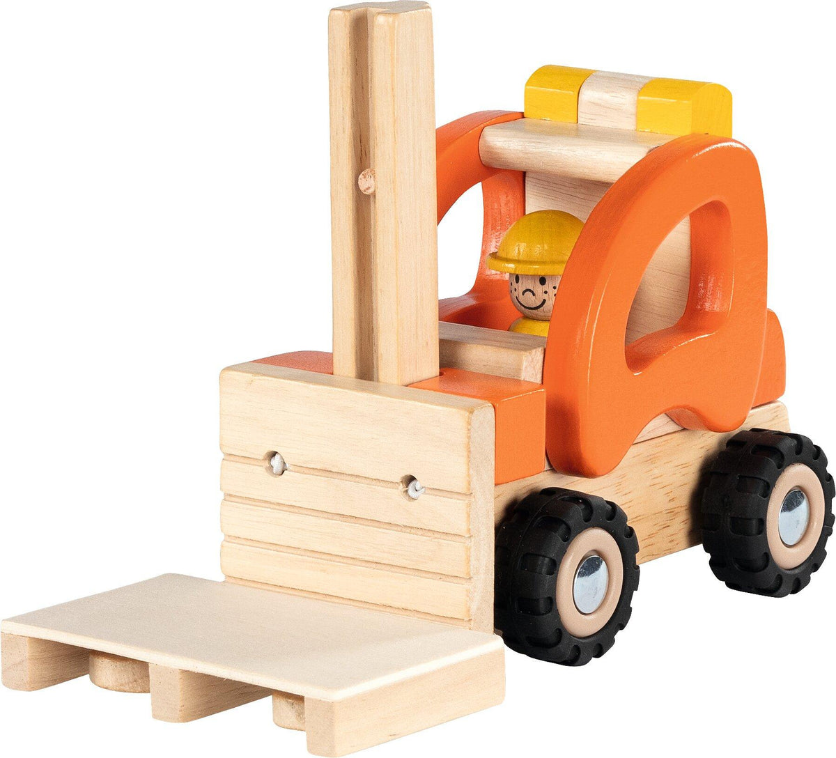 Gabelstapler aus Holz mit Palette, 20 cm lang von goki – Nahaufnahme