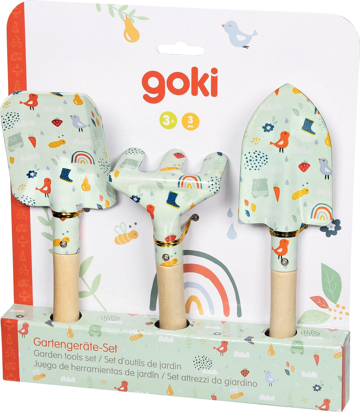 Gartengeräte Set in Mintgrün mit Vogel und Regenbogenmuster