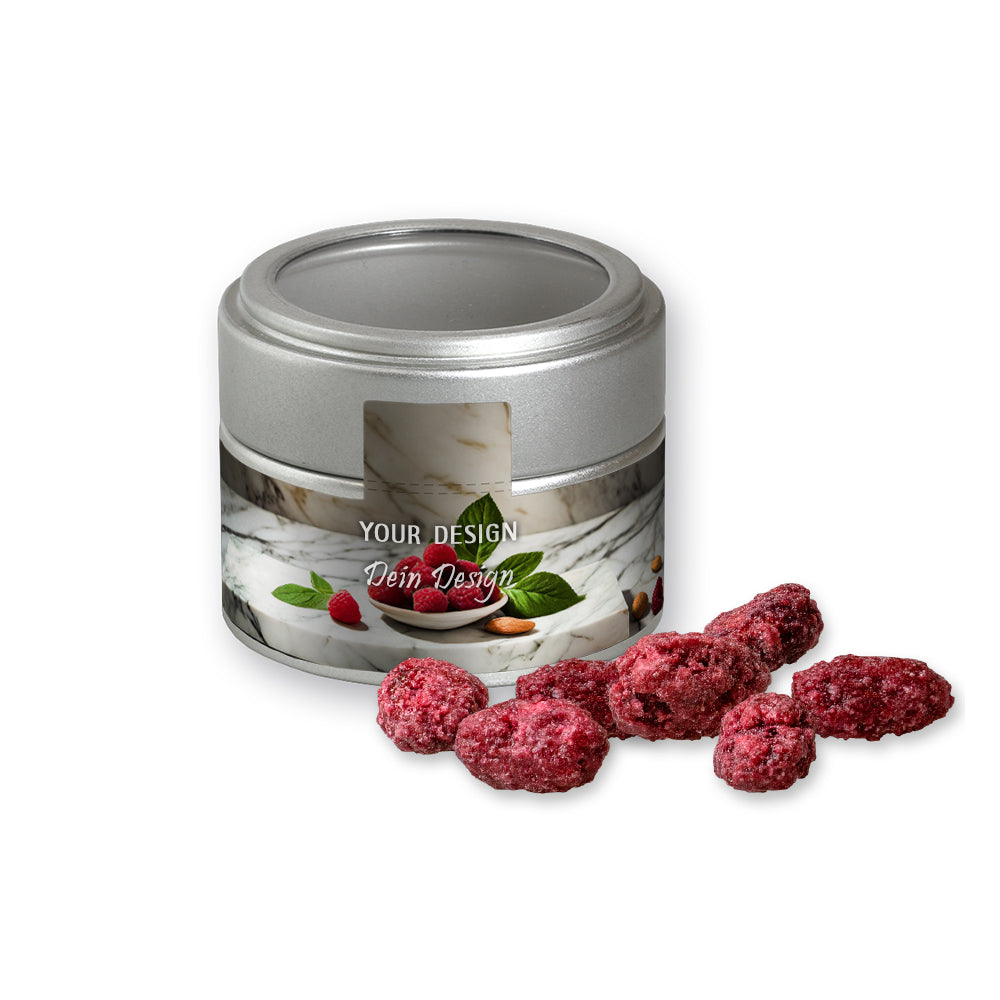 Gebrannte Mandeln in der silbernen Metalldose Mini – Gebrannte Mandeln Himbeere, ca. 60 g