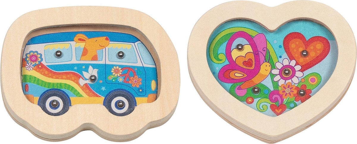Geduldspiel Bus und Herz mit Stahlkugeln aus Holz – Ansicht