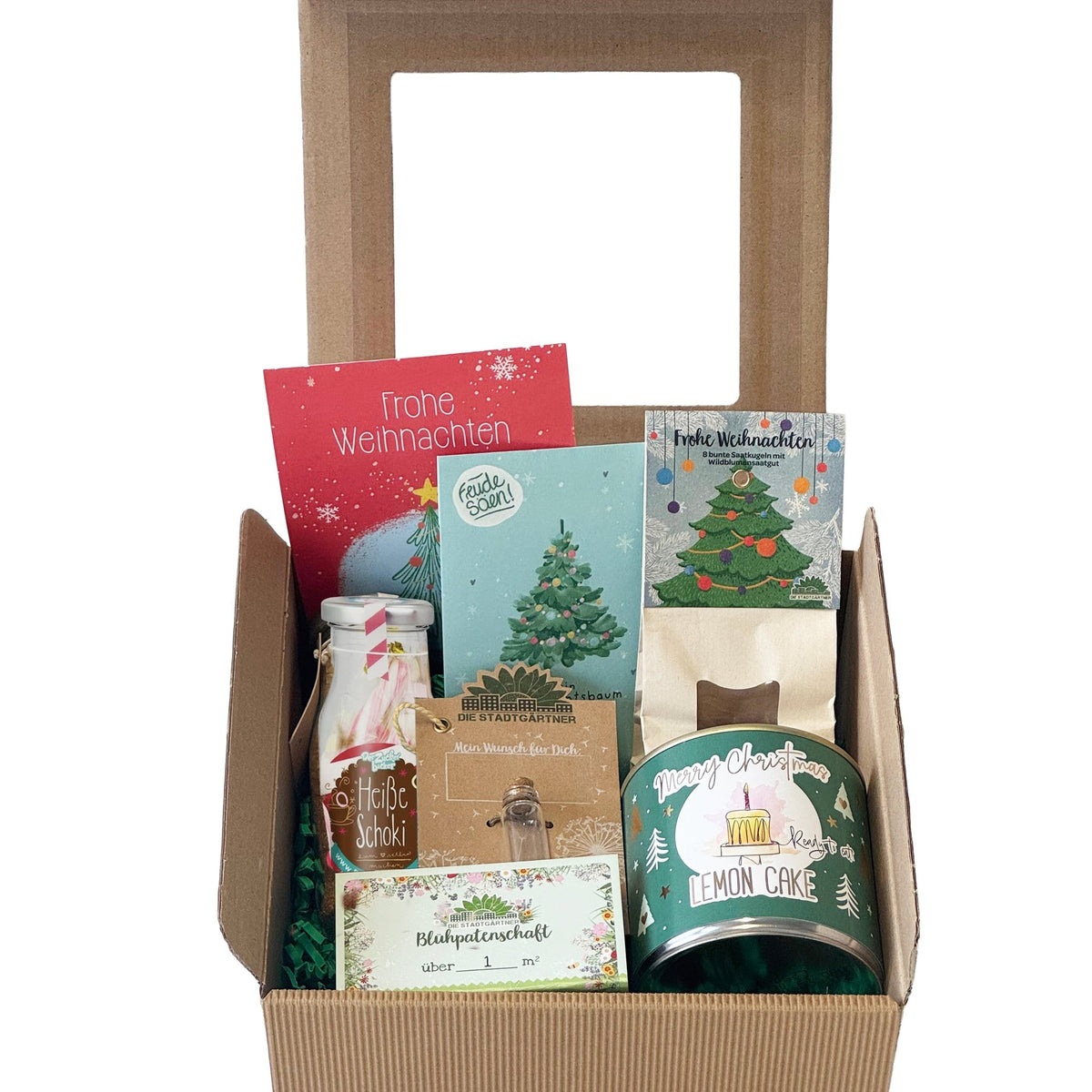Geschenkbox L zum Jahresabschluss mit Postkarte und Logo