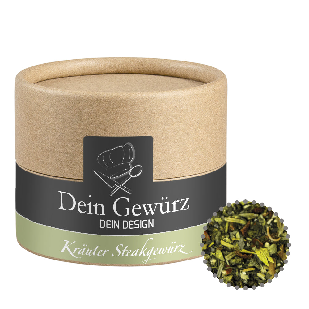 Gewürze und Salz in der kleinen Kraftpapierdose – Gewürzmischung Kräuter Steakgewürz, ca. 25 g