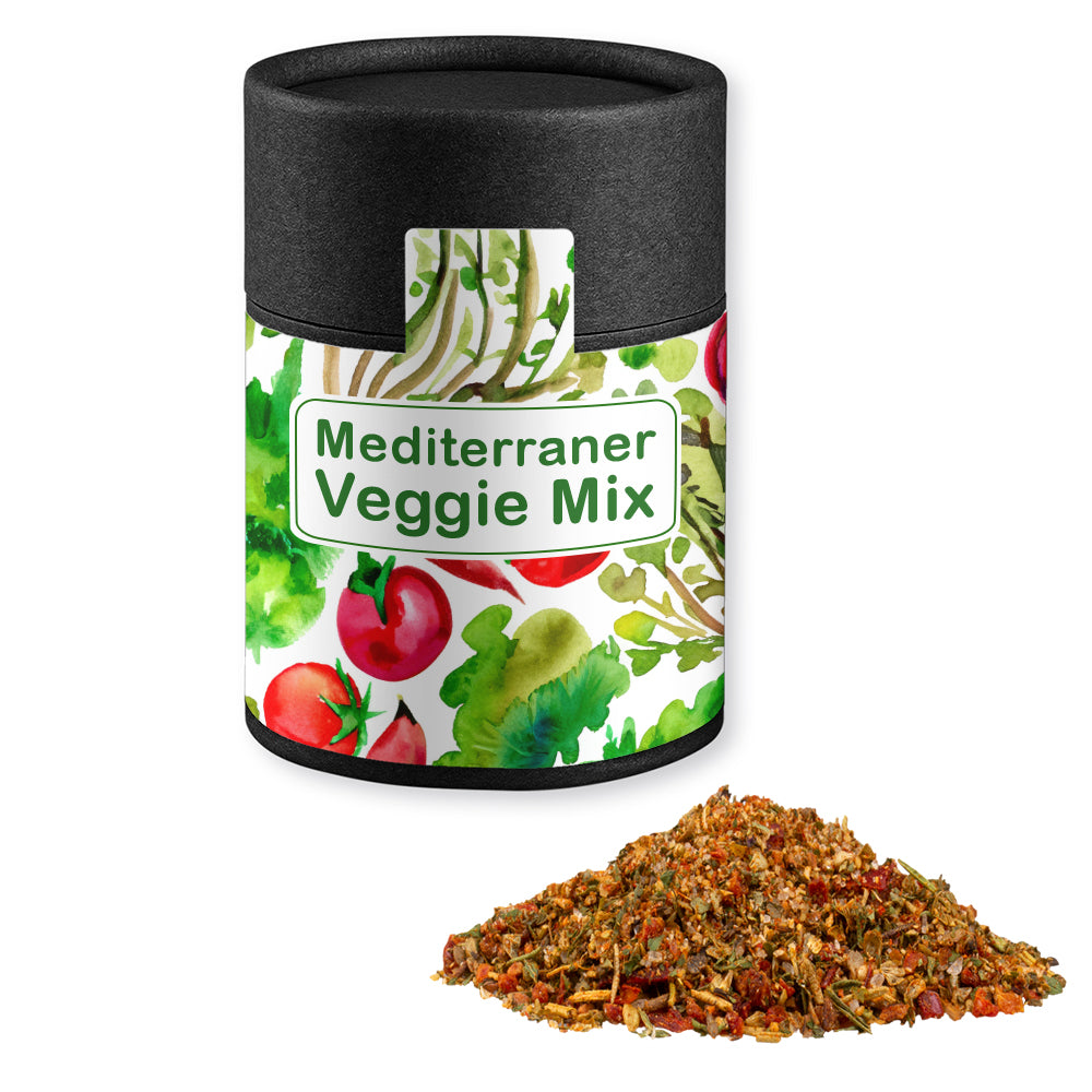 Gewürze und Salz in der schwarzen Kraftpapierdose – Gewürzmischung Mediterraner Veggie Mix, ca. 50 g