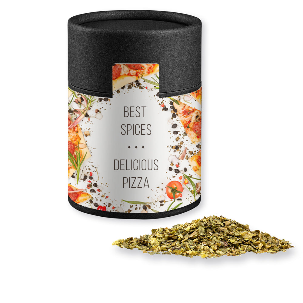 Gewürze und Salz in der schwarzen Kraftpapierdose – Gewürzmischung Pizza Kräuter, ca. 25 g