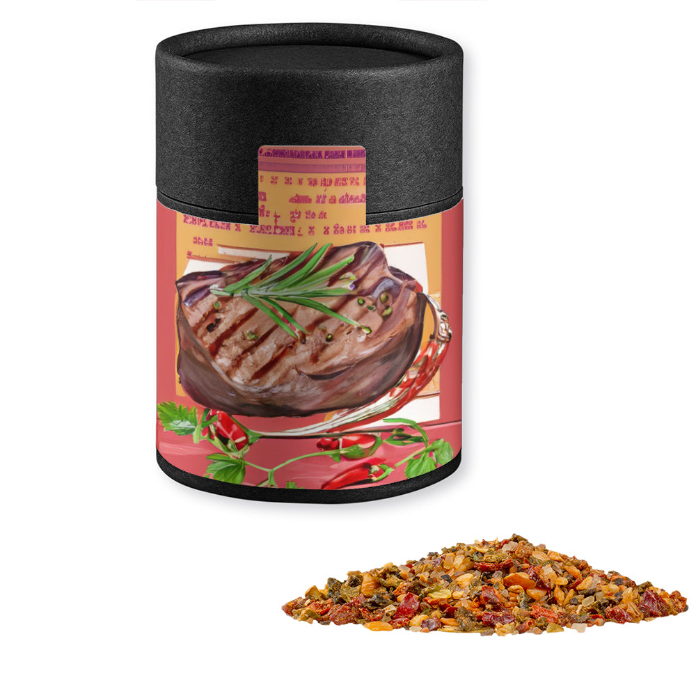 Gewürze und Salz in der schwarzen Kraftpapierdose – Gewürzmischung Steak Pfeffer, ca. 75 g