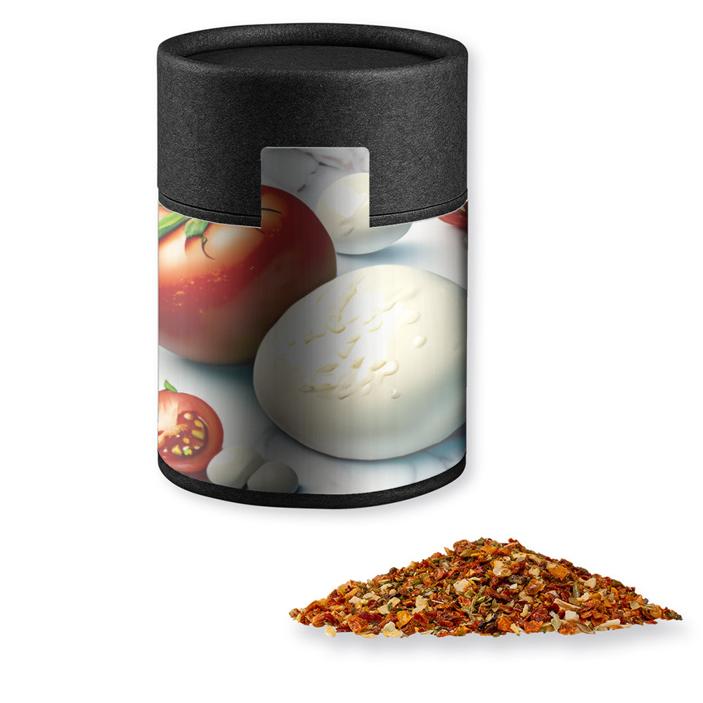 Gewürze und Salz in der schwarzen Kraftpapierdose – Gewürzmischung Tomate Mozzarella, ca. 50 g