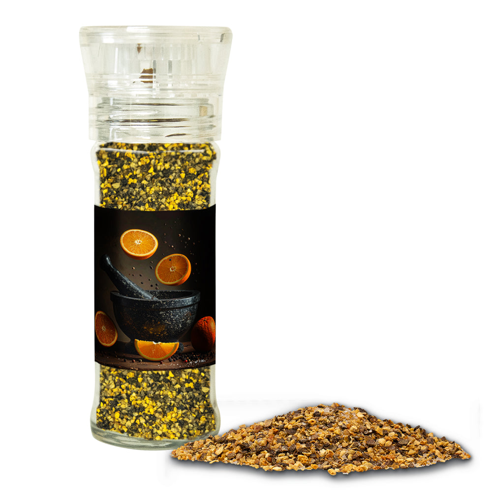 Gewürzmischungen in der Gewürzmühle aus Glas – Gewürzmischung Orangen Pfeffer, ca. 45 g