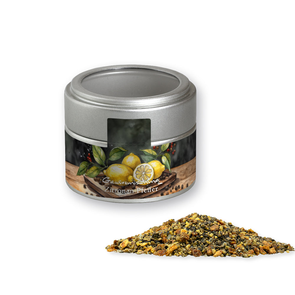 Gewürzmischungen in der silbernen Metalldose Mini – Gewürzmischung Zitronen Pfeffer, ca. 60 g