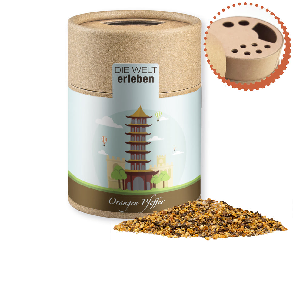 Gewürzstreuer Midi mit Logo Etikett – Gewürzmischung Orangen Pfeffer, ca. 75 g
