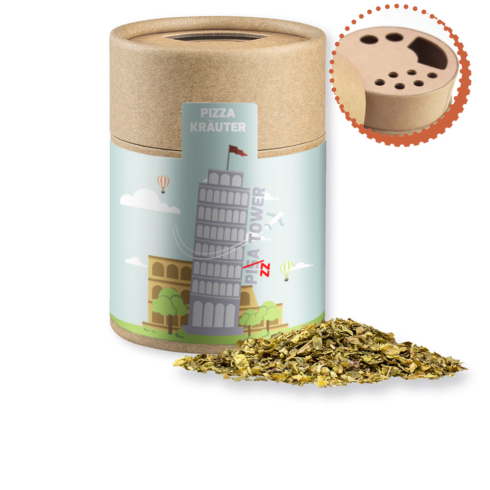 Gewürzstreuer Midi mit Logo Etikett – Gewürzmischung Pizza Kräuter, ca. 25 g