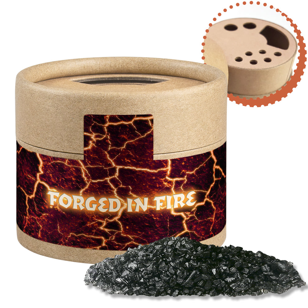 Gewürzstreuer Mini mit Logo Etikett – Gewürzmischung Black Lava Salz, ca. 75 g