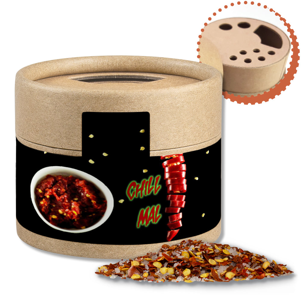 Gewürzstreuer Mini mit Logo Etikett – Gewürzmischung Chili Salz, ca. 30 g